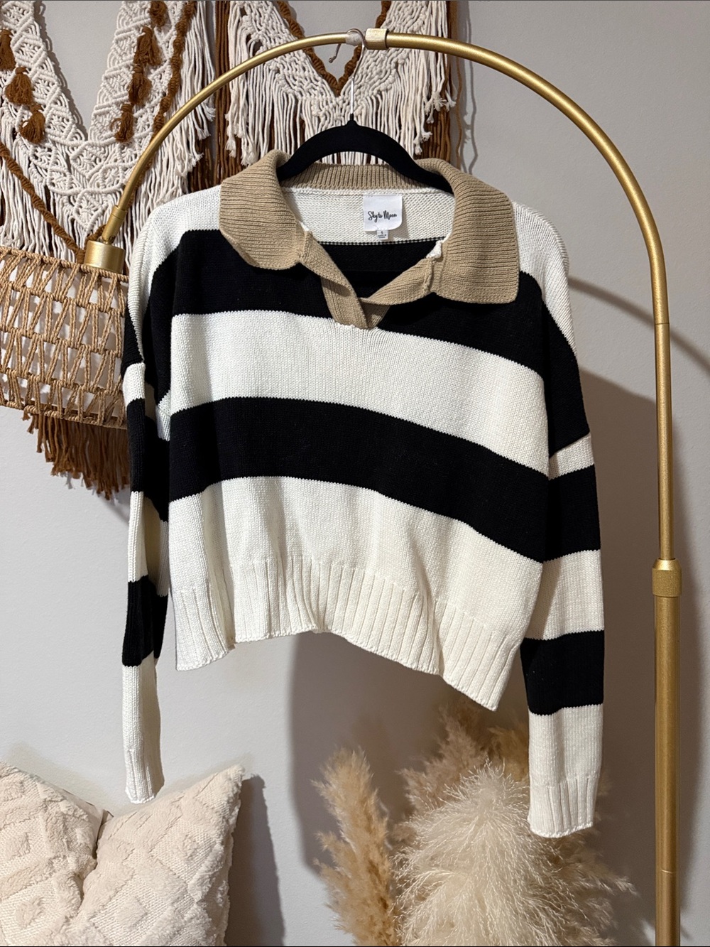 Striped Polo-Collar Cropped Sweater in Black, Cream & Tan - Style & Co.
